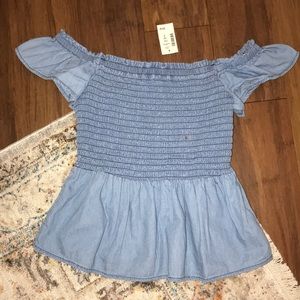 Ruched off the shoulder faux denim top